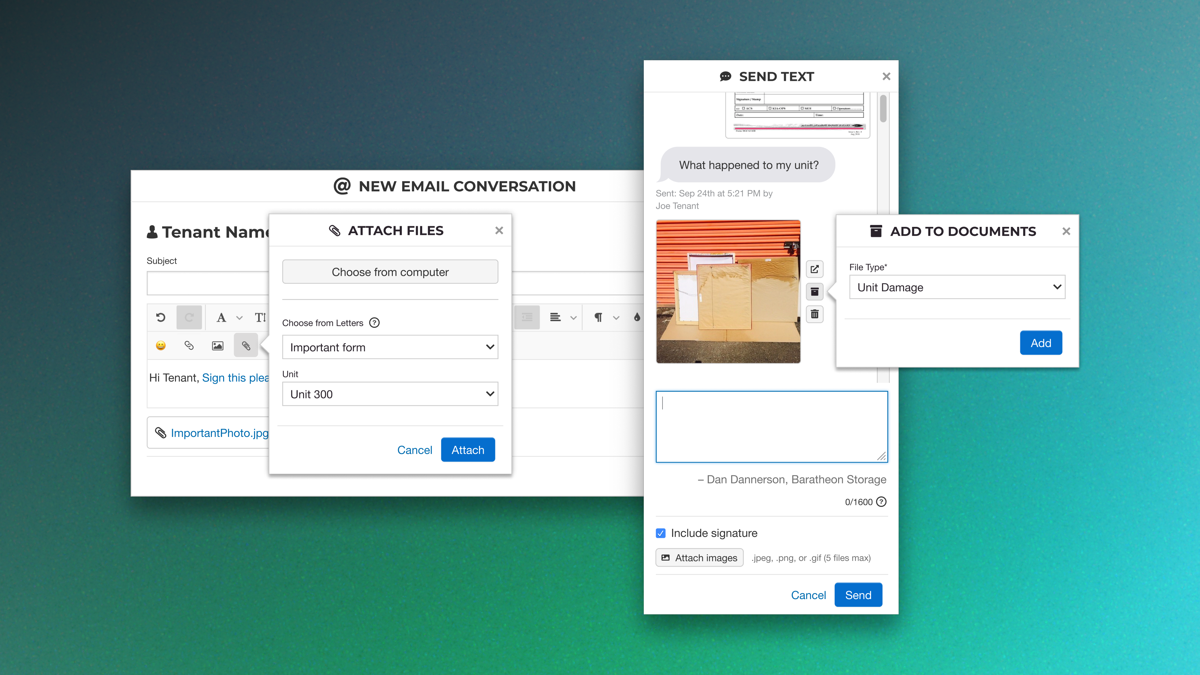 storEDGE communications tools showing SMS and email composer interfaces