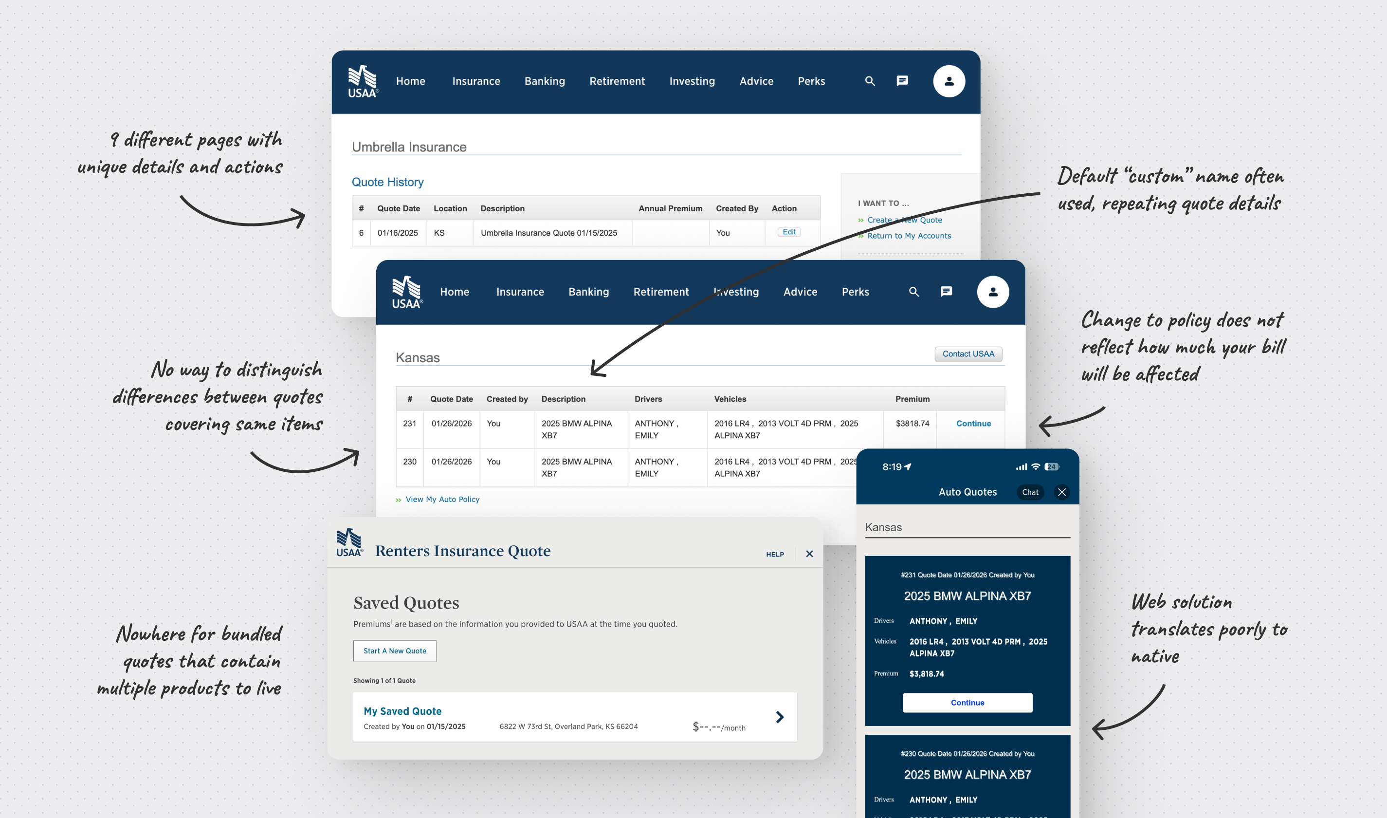 Heuristic evaluation of nine fragmented saved quote experiences