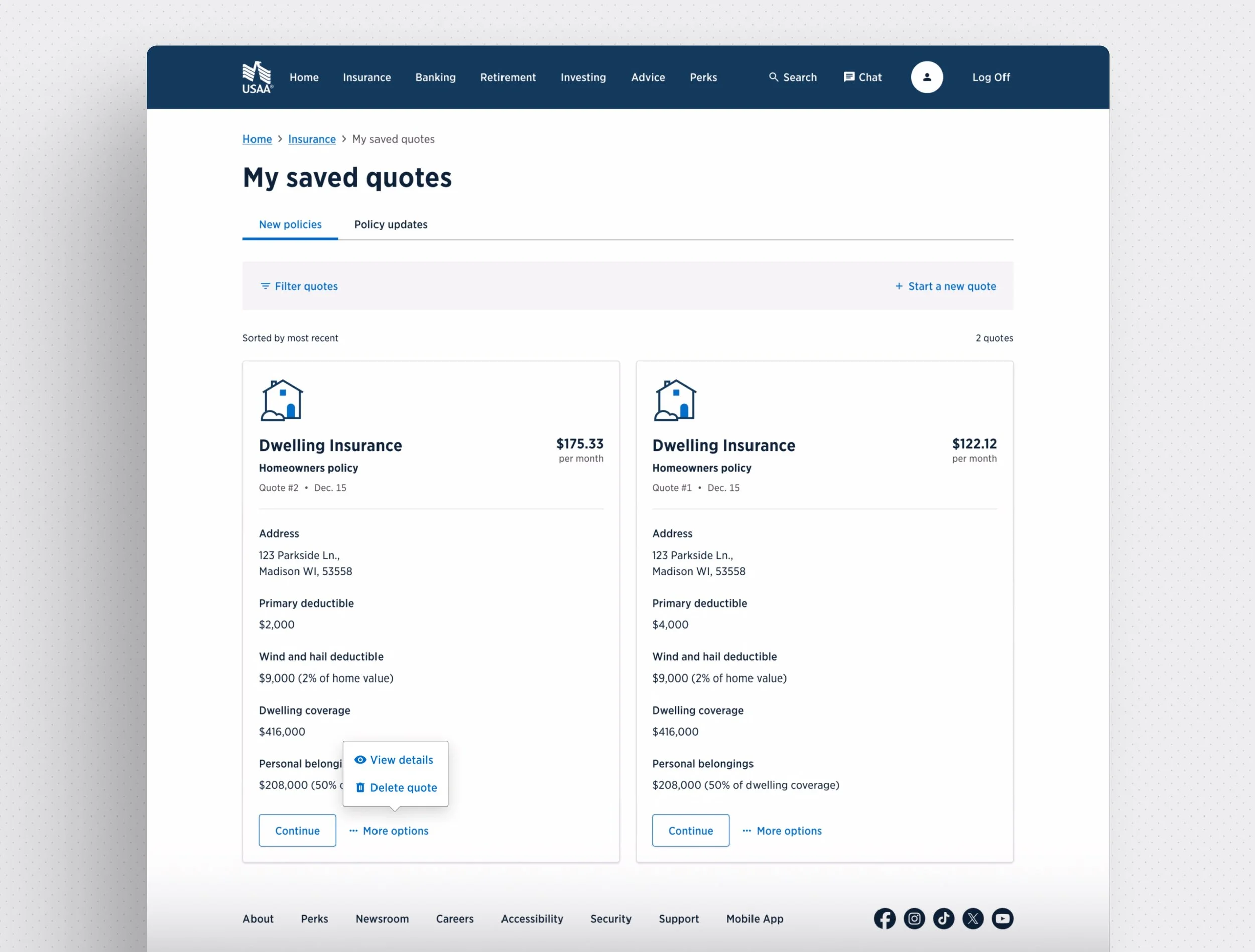 Desktop view — acquisition quotes tab