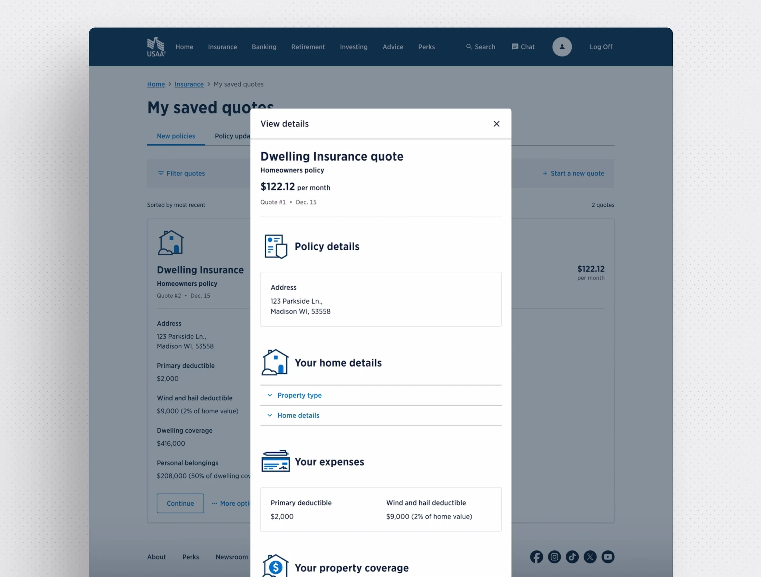 Desktop view — servicing quotes tab