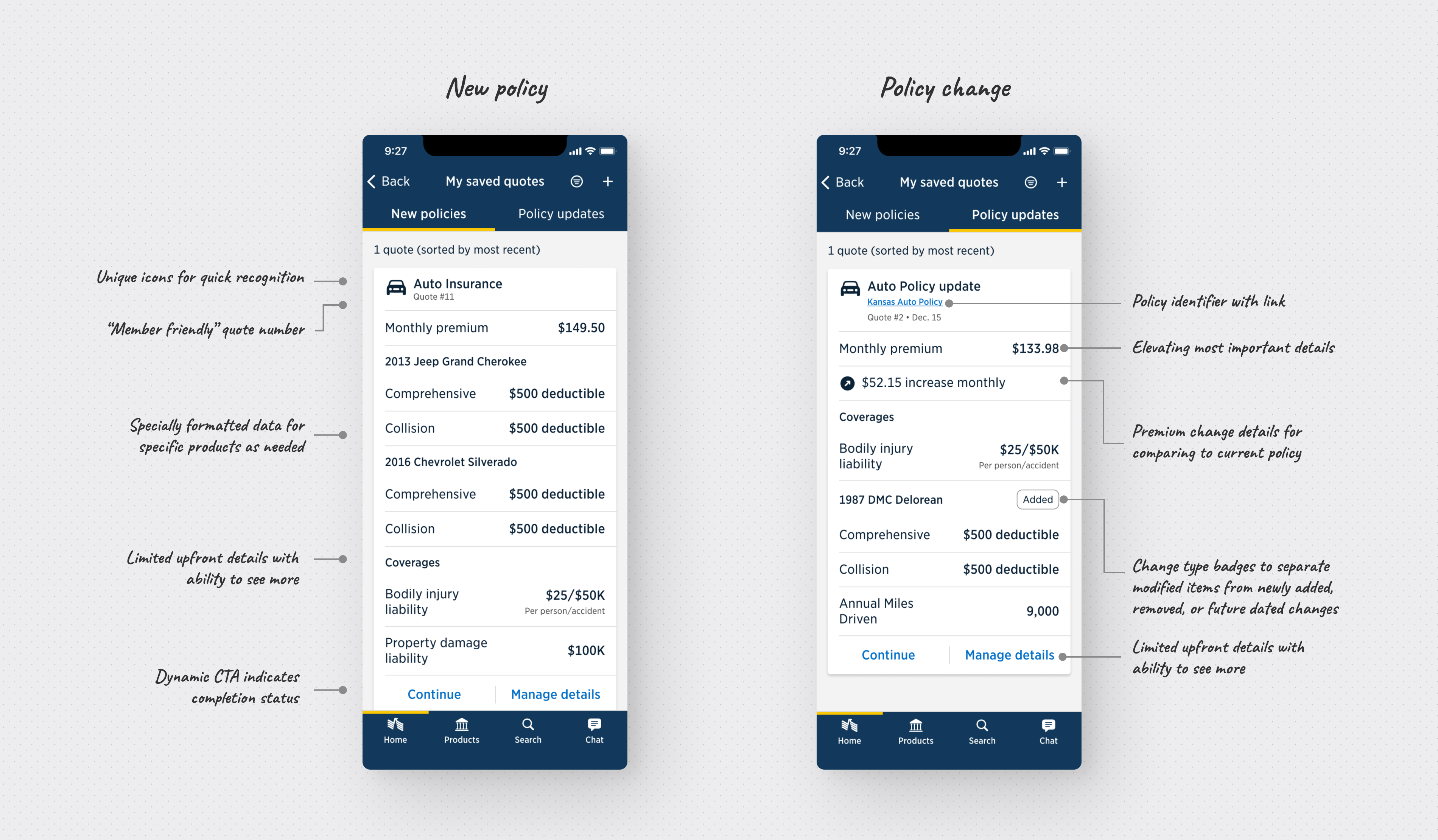 USAA Saved Quotes Hub framework detail